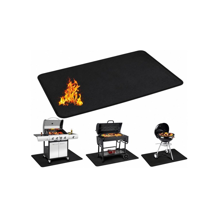 Fire pit mat with flame logo, three grills standing on the mats