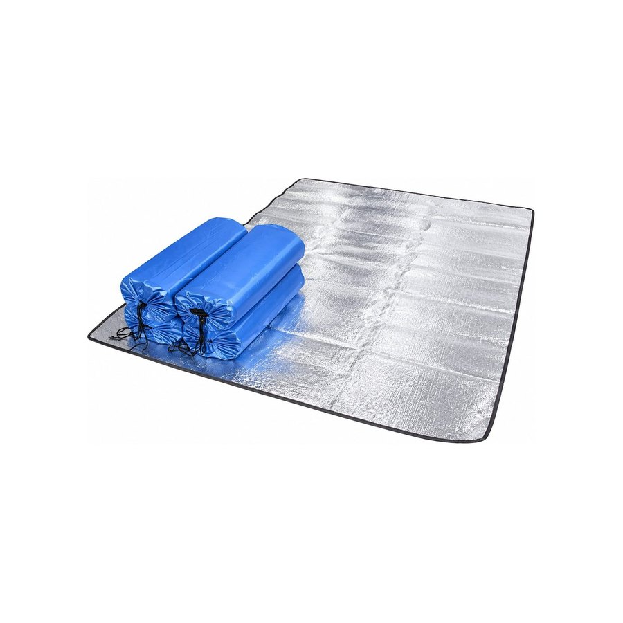 Four rolled blue emergency blankets beside a silver foil mat