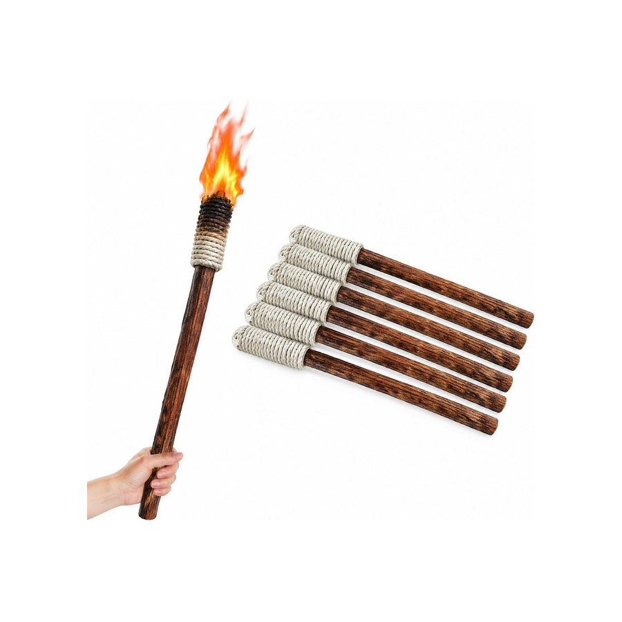 Rope-wrapped torch sticks burning, with a bundle of five