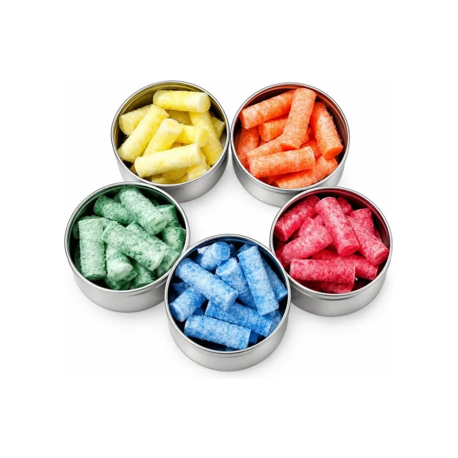 Five round tins, coloured plugs