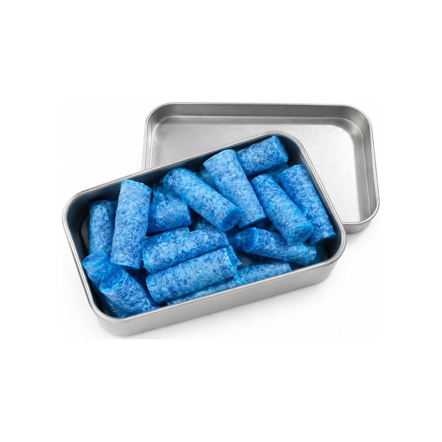 Rectangular tin, blue plugs
