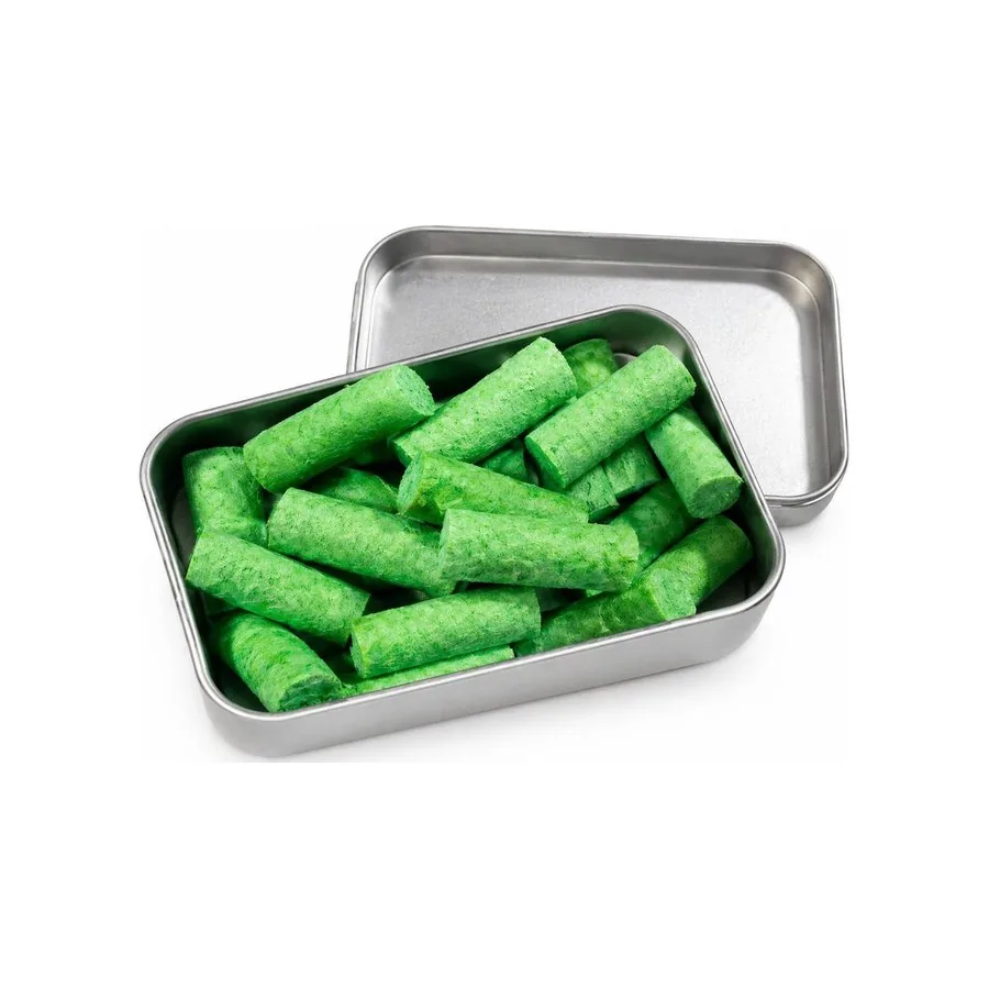 Rectangular tin, green plugs