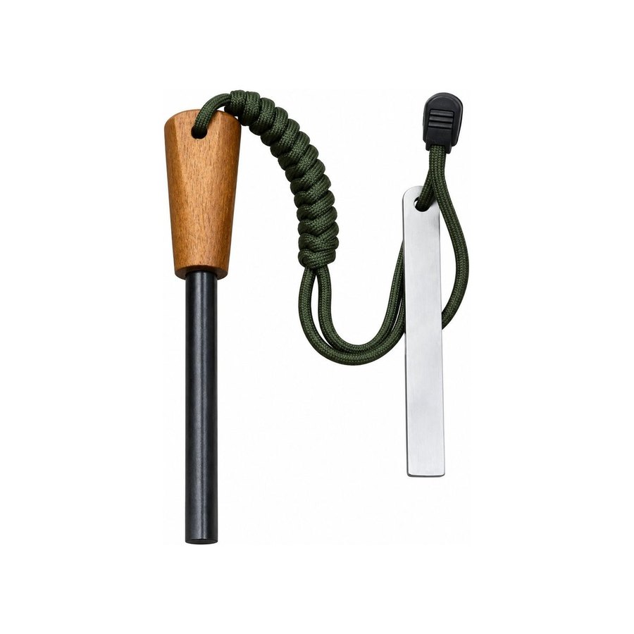 Walnut handle ferro rod with olive paracord and steel striker