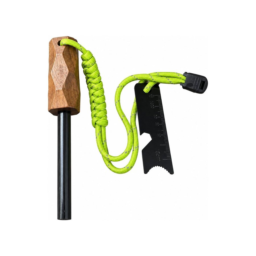 Faceted walnut ferro rod with lime green lanyard and black striker