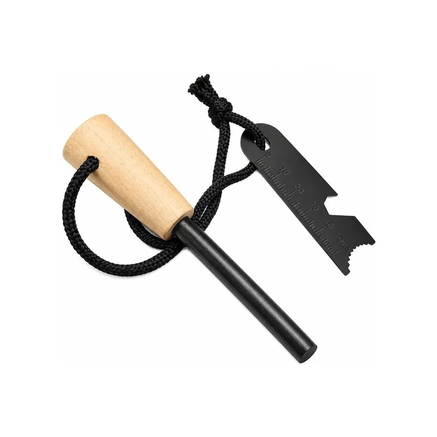 Beech handle ferro rod with black lanyard and ruler striker