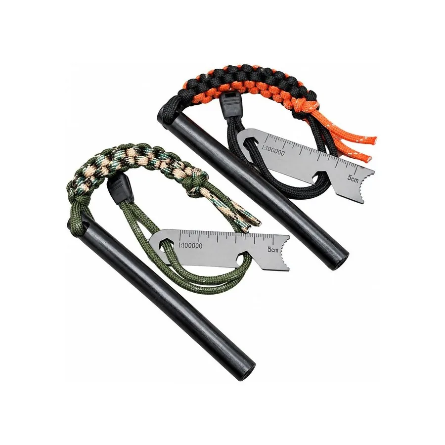 Two ferro rods with orange and olive paracord lanyards and 5 cm ruler strikers