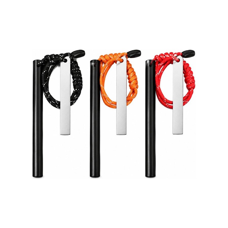 Three ferro rods with black, orange and red lanyards