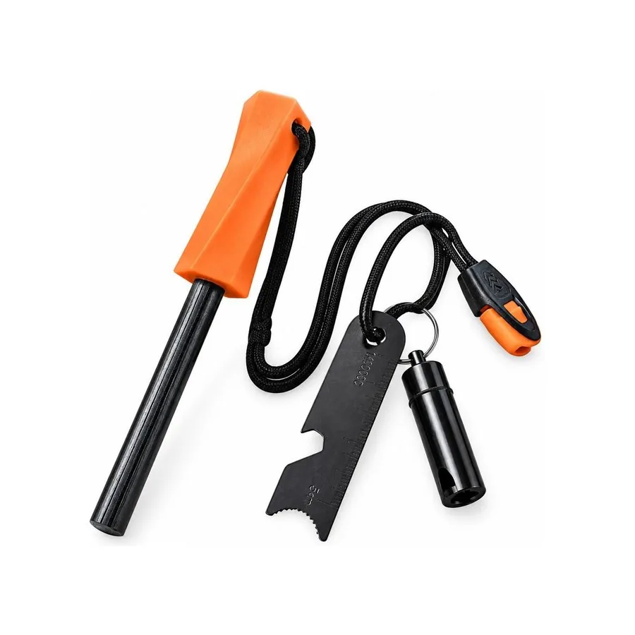 Orange handle ferro rod with striker, whistle and tinder capsule