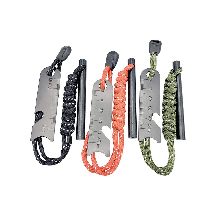 Three ferro rods with black, coral and olive lanyards, cm scale strikers