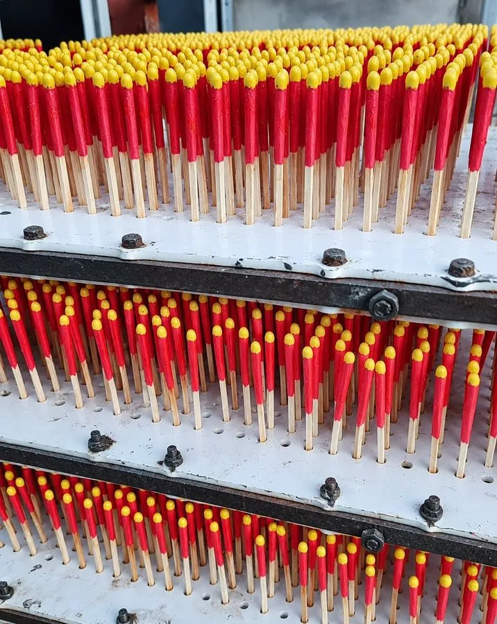 Match heads racked for drying