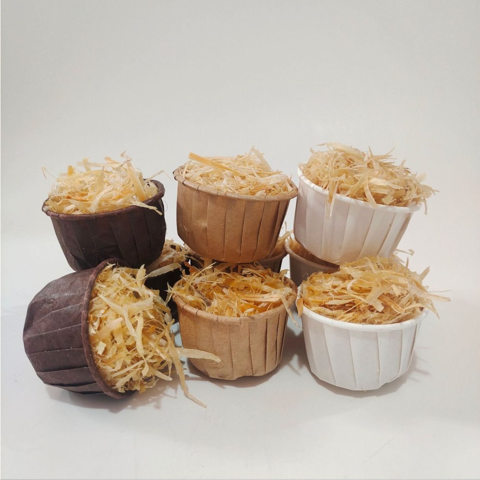 Cup material, colour and fill weight are part of the specification Paper cups of wood wool firelighters in three cup colours and paper types